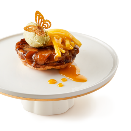 Tarte Tatin Exotisch met pistache-ijs en Fruit Sheet Mango