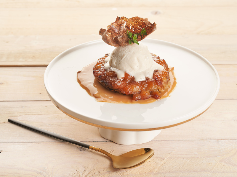 Tarte Tatin Apple & Lime with banana ice cream and dulce de leche